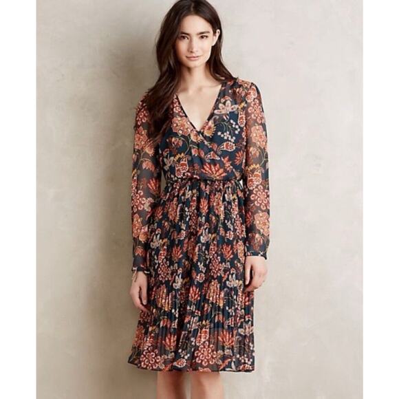 Maeve Anthropologie‎ Apulia Pleated Paisley Chiffon Midi Dress EUC - Picture 3 of 6